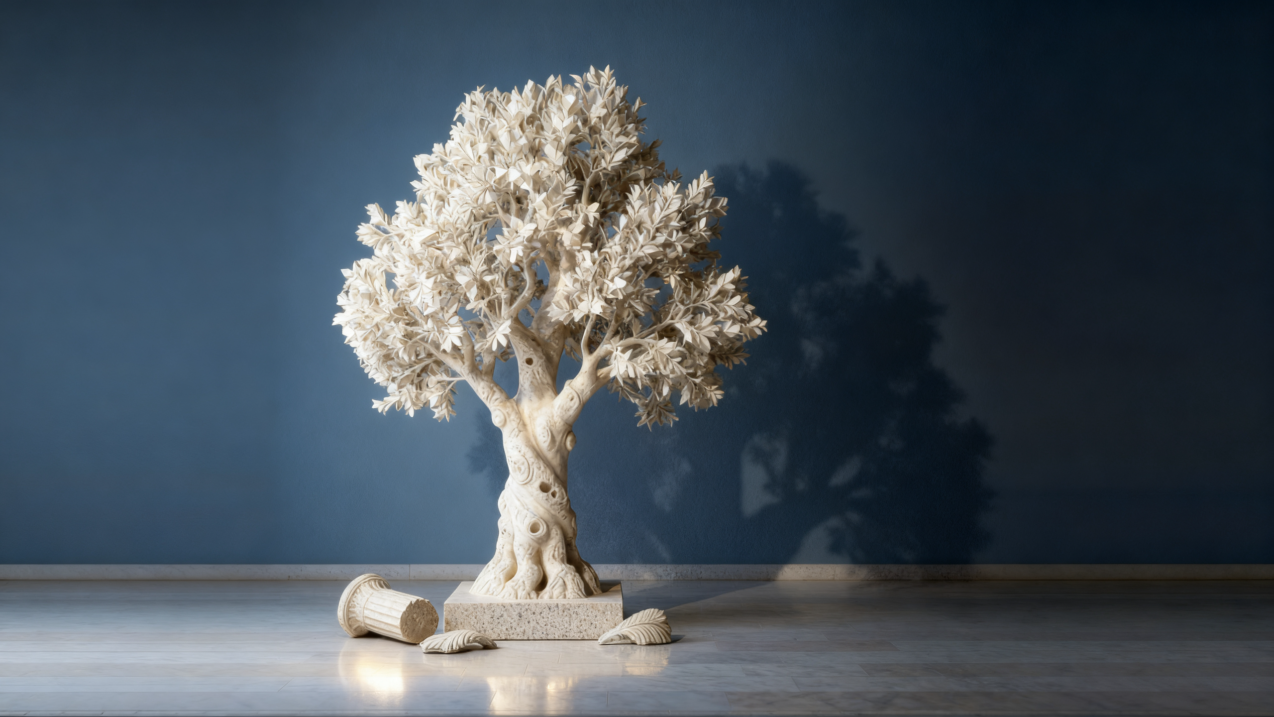 A carved white-marble olive tree on a stone plinth beside a fallen classical column
